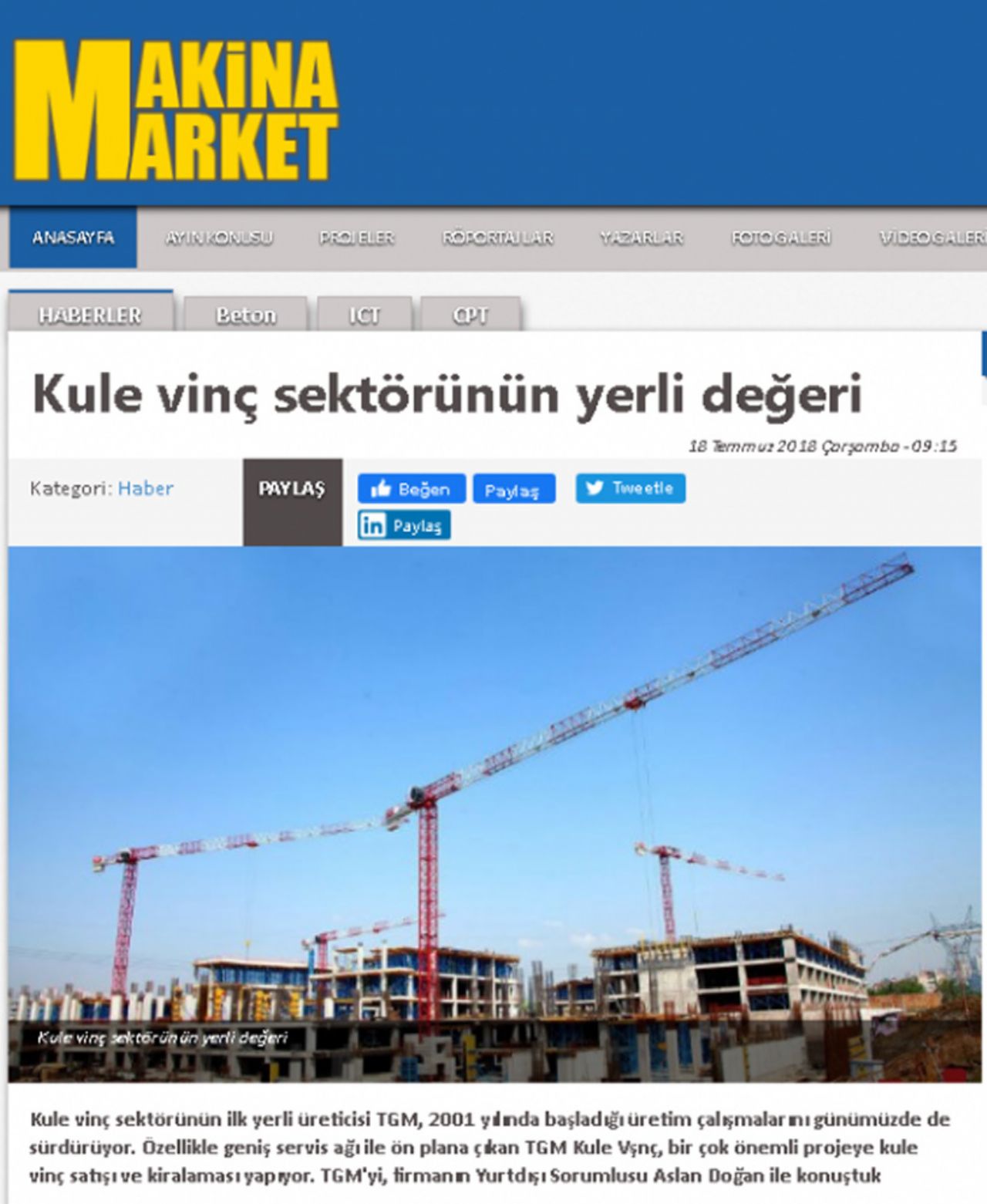 Kule vinç sektörünün yerli değeri